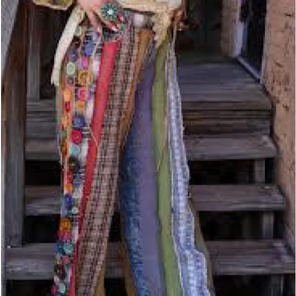 Custom Boho Patchwork Wide-Leg Pants with Button Trim - Picture 4 of 9